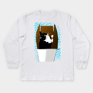 Cute Tuxedo Cat in a box Copyright TeAnne Kids Long Sleeve T-Shirt